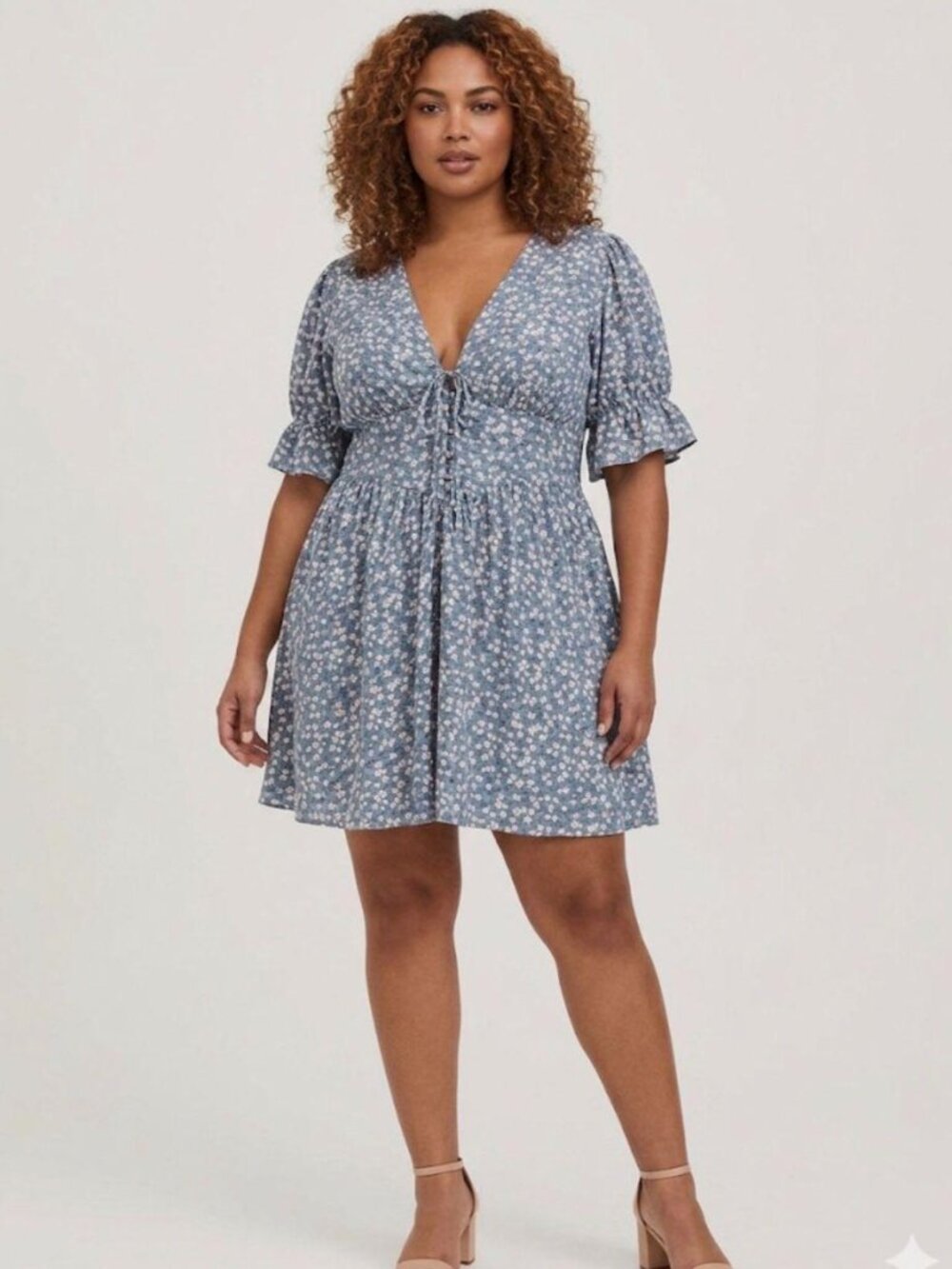 EUC Torrid Blue Floral Mini Ruffle Short Sleeve Button Bodice Dress Size 18